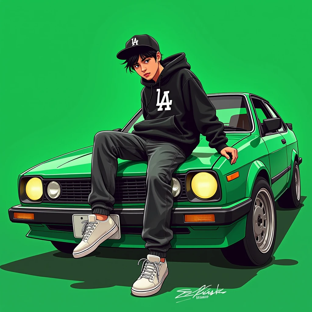 G-FUNK Hip Hop album cover, green background, green car, with the words If WONA behemes a gangster on the back of the picture, an Asian teenager wearing a black LA hoodie, a black LA ball cap with a deep press and a wide pair of jeans down, a troublemaker boy sits on the bonnet of a car and lets the car out to the side