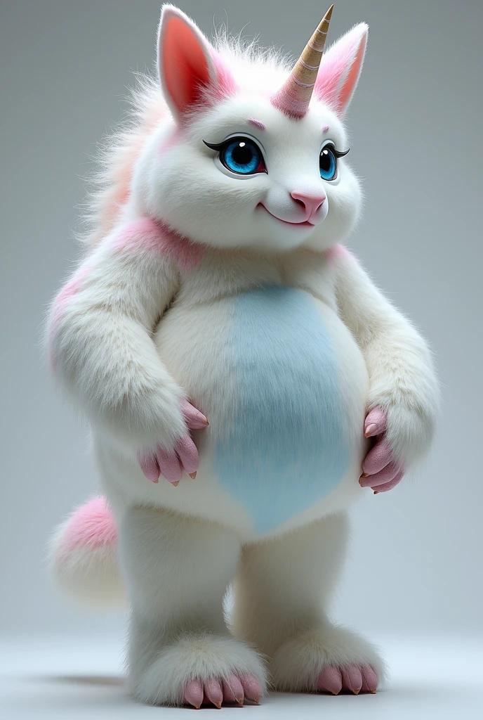 ((best qualityer)), ((work of art)), (detailded), 1 girl, extremely thin waist, thick ass, thick-thighs, Thin arms, colossal ass, extremely large thighs, facing the front, flat chest, ultra detailded, coxa sexy, white fur with pink and blue details, furry legs, hooves, white horns with pink and blue details, wooden horns, heterochromia, 1 blue eye and the other pink, hooves brancos, magical creature, no clothing, penis identical to a dildo, horse dildo, penis in the shape of a dildo, baby blue penis, rainbow diode, mystical creature 