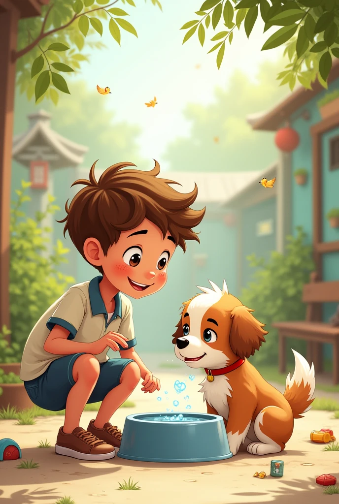 A boy and his puppy drinking water after playing in a drawing