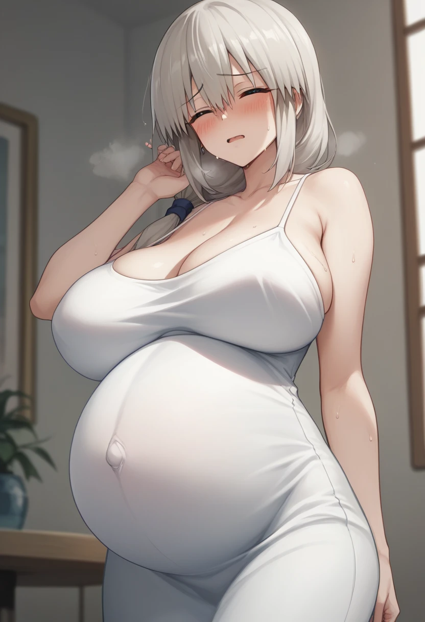 Huge breasts、blush、Sweat、In the heat、Long white hair、Braiding、uzaki_fortune、
{Highest quality}, {so beautiful}, {Very detailed}, {Best illustrations},Life、slim:1.5、Camisole long maxi dress(tight)、Are standing、Pregnant women