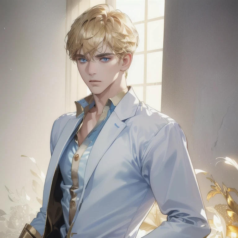 (best quality, masterpiece, 8 thousand, realistic, cinematic lighting, 1:4 HDR images, very detailed, beautiful photoature man, very handsome, ((cold expression)), short hair, blue eye, A perfect face without any mistakes, ((unbuttoning clothes)), (detail gold accessories on clothes)