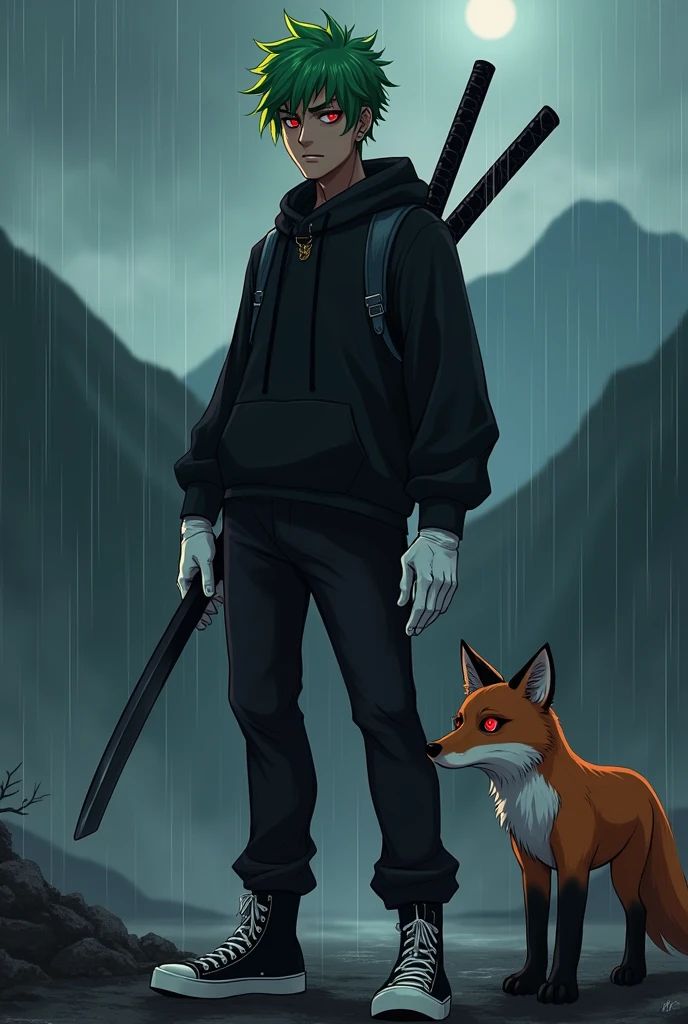 Man with green hair and yellow tips and red eyes with 2 katanas, with a black hoodie and soft black pants with white gloves, dark skin tone, but of course, with a psychopathic look, with black and white tennis shoes and 2 small knives, with a fox, with red earrings, animated style, standing posture, on a mountain at night raining