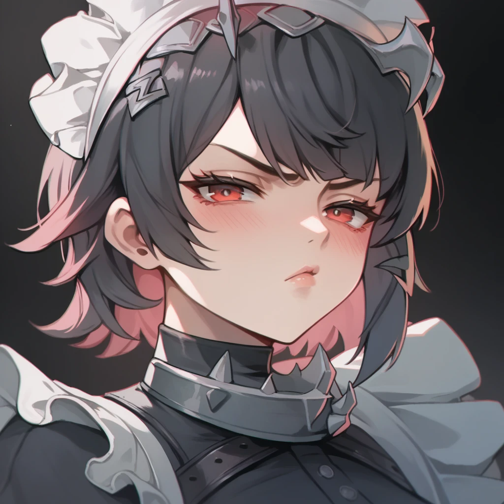 1girl, ellen joe (from zzz), maid, close-up, serious look, sharp eyes, blushing, pout, medium lips,("detailed") ("high resolution"))("4k")("masterpiece" )