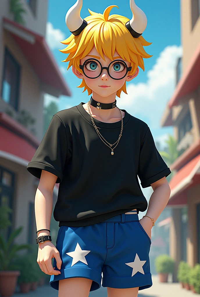 Male character with yellow hair and yellow horns with white on the horns and white skin and black shirt and blue shorts with white stars on the pants and black glasses