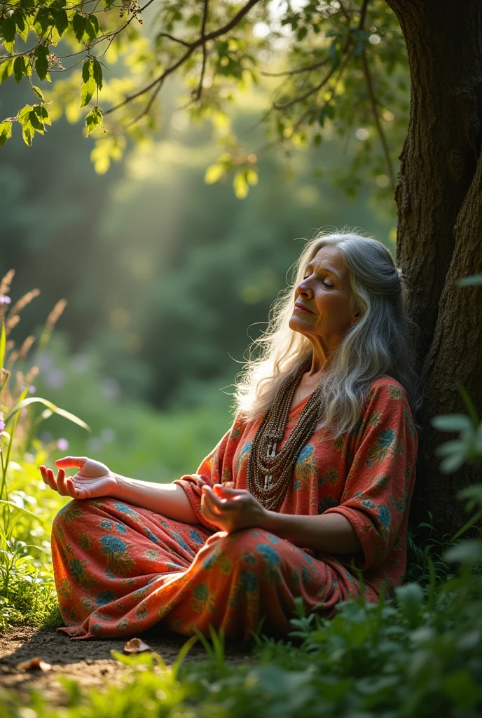 67 year old bohemian hippie woman meditating lying down in her yard