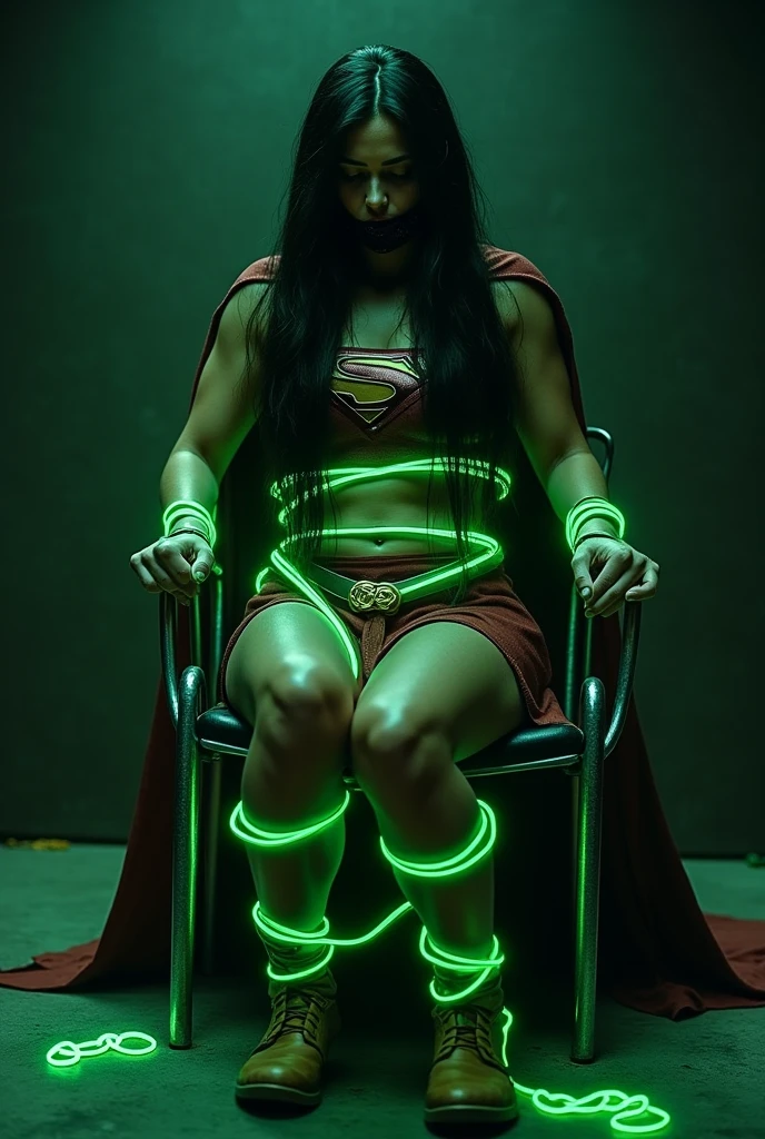 A PERIL BONDAGE SCENE WHERE A HOT SUPERGIRL WITH LONG BLACK HAIR WEARING HER ICONIC SUPERGIRL OUTFIT AND CAPE, HER HANDS, FEET AND WASTE TIED UP TO A METAL CHAIR WITH GLOWING GREEN KRYPTONITE ROPE, A SEX BALL GAG COVERING HER MOUTH, COMPLETELY HELPLESS IN A PITCH DARK ROOM. INCREDIBLE DETAILS, HYPER DETAILED IN 8K RESOLUTION