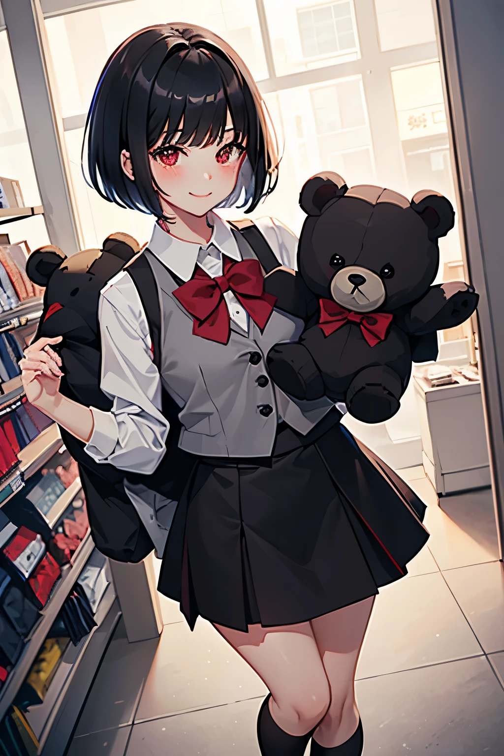1 stunningly beautiful smiling college girl, blushing, short black hair, bob cut, wearing an Japanese school uniform, red eyes, Alice the bully, 18 yo, ((short black skirt)), red bow, ((light gray closed vest)), tightly holding 1 fluffy ((black teddy bear)) in a store,