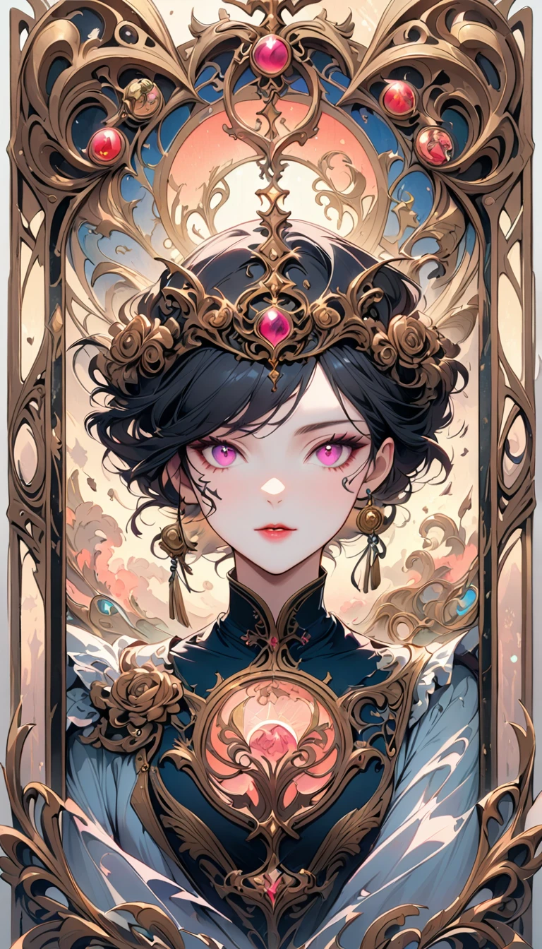 A beautiful woman tarot card, (a pink eye:1.2),face tattoo(Meaningful Chinese character writing:1.1), combine elements perfectly.