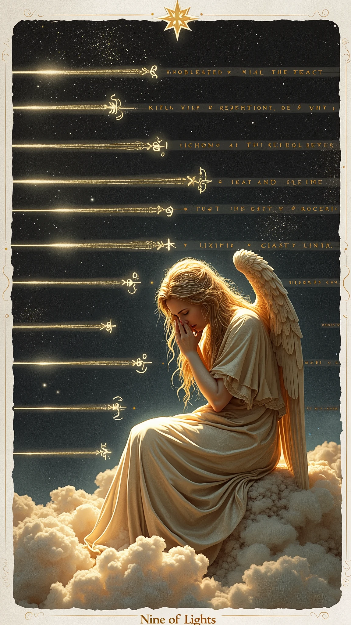 Create a hyper-realistic, emotionally charged image for the "Nine of Lights" card in the Lumen Angelis deck, deeply inspired by the traditional Nine of Swords from the Rider-Waite tarot. The scene should evoke a powerful sense of anguish and internal struggle, transformed into a celestial, ethereal landscape that captures the essence of this card’s meaning.
At the center of the image is a majestic angel, sitting on the edge of a celestial bed crafted from soft, glowing clouds, which float gently above a dark, starlit void. The angel is depicted with a strikingly beautiful yet sorrowful expression, their head buried in their hands, conveying deep distress and anxiety. The angel's long, flowing hair cascades down their back, catching the faint light of distant stars, creating a halo effect that adds to their ethereal presence. The feathers of their wings, normally radiant and pure, now appear slightly dimmed, as if weighed down by the heavy emotions they carry.
Surrounding the angel are nine radiant beams of light, each piercing the darkness around them like swords. These beams are sharper and more intense than in any previous card, with each one emanating a cold, harsh light that casts sharp, dramatic shadows across the angel’s form. The beams are arranged in a semi-circle above and around the angel, almost like a crown of thorns, symbolizing the mental torment and relentless thoughts that haunt them. Each beam is adorned with faint, intricate runes that glow softly, representing the various fears, regrets, and sorrows that plague the mind. These inscriptions are so detailed that they seem to pulse with the angel's every breath, creating an almost palpable tension in the air.
The background is a vast expanse of deep, indigo night sky, dotted with distant stars that twinkle faintly, providing a stark contrast to the intense brightness of the light beams. The stars are scattered sparsely, creating a feeling of isolation and loneliness. Below, the darkness stretches