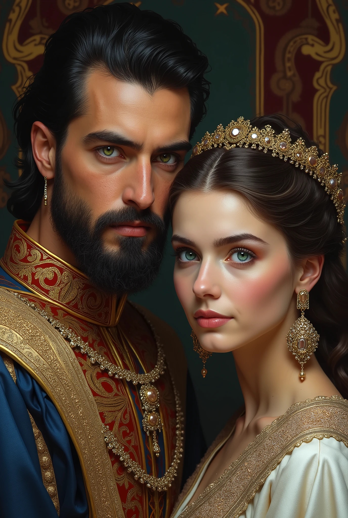 One man blue eyes , one woman green eyes, woman is açelya but human , man this Batu Han Ottoman king