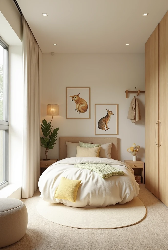 Professional 3d architecture rendering design of modern and light moss and so light Thunder and light orange and cream and wooden Modern and minimal design for chid bedroom and light cream carpet with animals painting and white painting wall and light wooden closet with animals painting and modern ceiling lighting and modern curtains for chid room and the child large bed similar globe and safety chair for chid