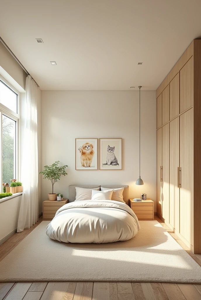 Professional 3d architecture rendering design of modern and   light moss and  so light Thunder and light orange and  cream and wooden   Modern and minimal  design for chid  bedroom  and light  cream   carpet  with animals painting and white painting wall and light wooden closet with animals painting and modern ceiling lighting and modern curtains for chid room and the child  large bed similar globe and safety chair for chid 