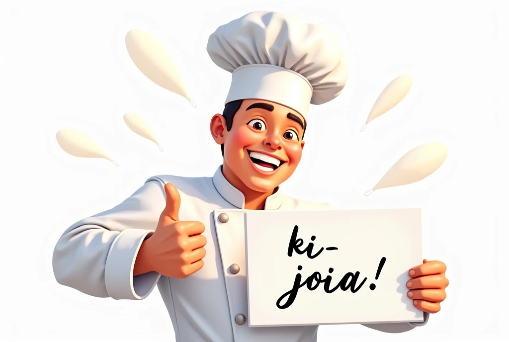 a smiling chef giving the thumbs up sign and holding a sign with the inscription "Ki-Joia" In the other hand