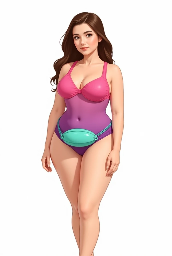 create a woman, de corpo inteiro, standing.
she needs to wear a PINK AND PURPLE GRADIENT swimsuit, bare feet, com olhos castanhos, long wavy brown hair at the ends, a buoy of aqua green color. the buoy must be at the WAIST. she needs to be looking at the wind, Poker face. she can't be realistic, It needs to look like an illustration made by a human on a graphics tablet without following human traits.. no need to have a background, The background can be white.
digital drawing. Doesn't leave the swimsuit showing so much on the body, leaves something composed and without being sexualized, because children will also see. put a floating buoy around your waist