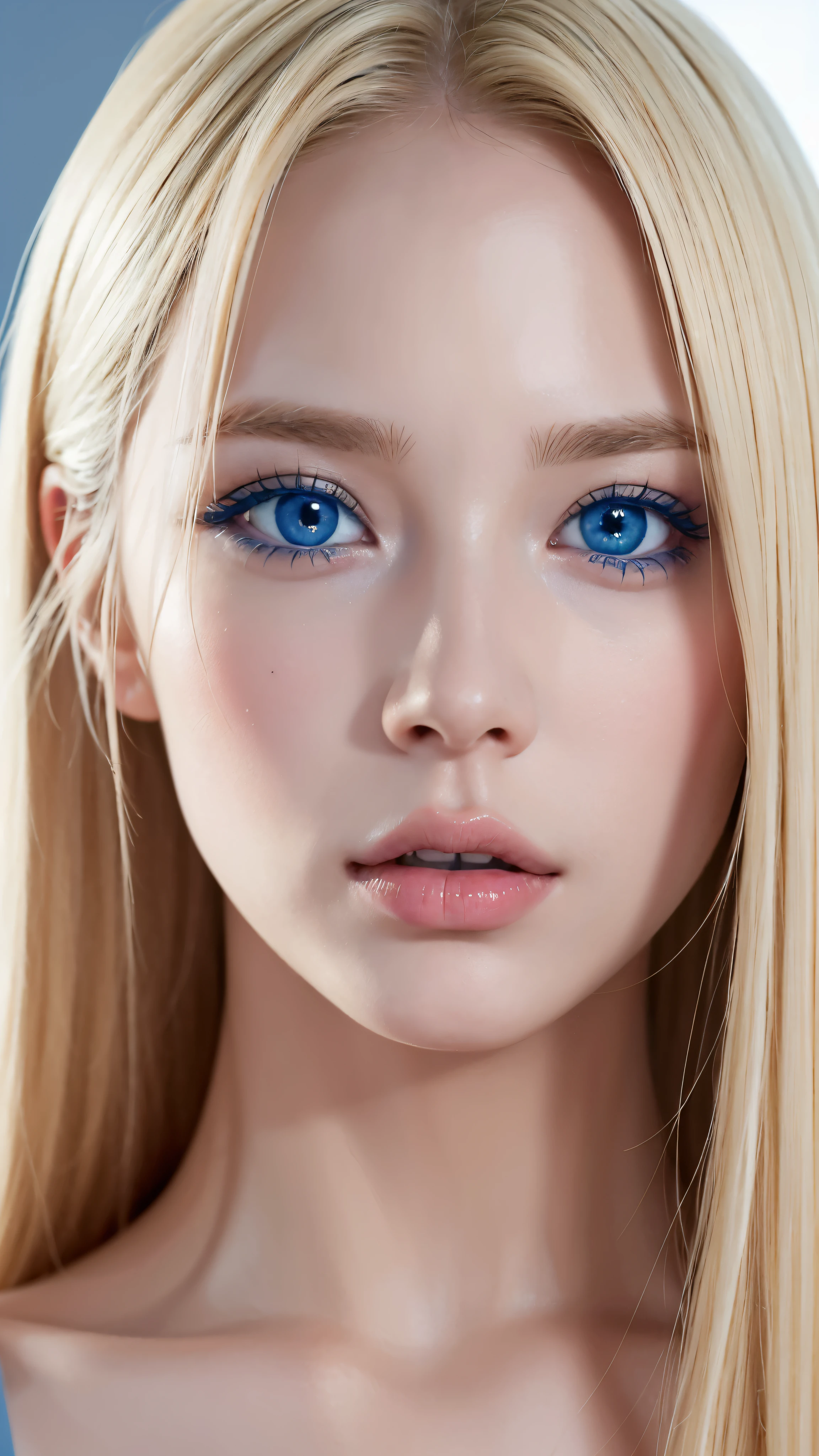 Natural blonde woman face close up ((natural blonde))blue colored eyes rosto perfeito cabelo loiro longo ,serious look, dark makeup around the eyes ((detailed blue eye)) perfect face blonde((blue colored eyes)) ((natural blonde hair))