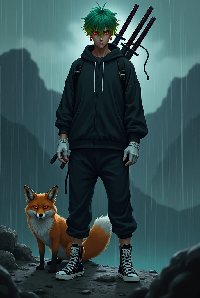 Man with green hair and yellow tips and red eyes with 2 katanas, with a black hoodie and soft black pants with white gloves, dark skin tone, but of course, with a psychopathic look, with black and white tennis shoes and 2 small knives, with a fox, with red earrings, animated style, standing posture, on a mountain at night raining