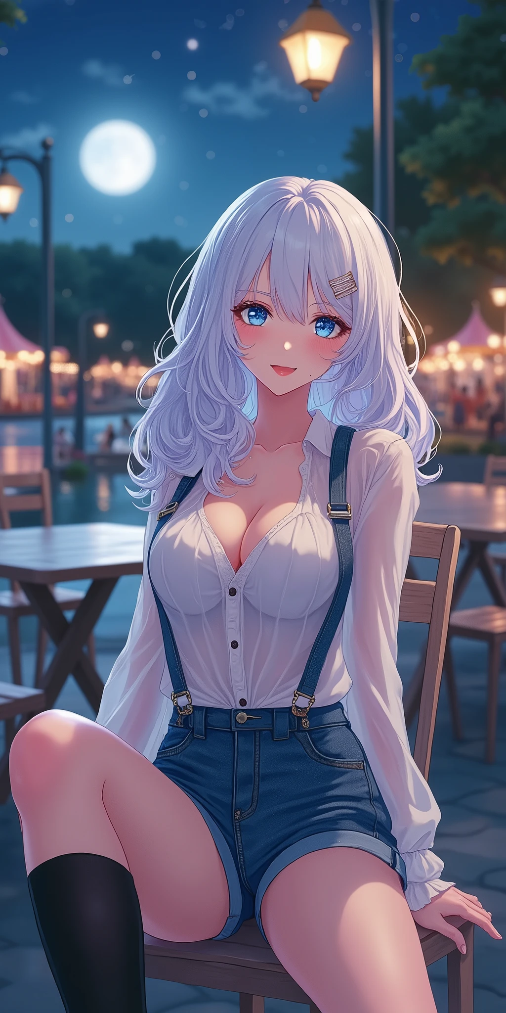 (best quality, ultra-detailed, photorealistic: 1.39), bright and vibrant colors, studio lighting, romantic expression, An effeminate girl, with a delicate and beautiful face. She is a girl who reflects seductive beauty, sparkling eyes, A beautiful adult woman beautiful and voluminous curly white hair, hair clip, crying a seductive 28 year old woman with big breasts seduces, with her large breasts seduces, transparent long-sleeved blouse with buttons, denim shorts with suspenders, with her blue eyes that matches her soft smile, in a beautiful pose demonstrating her seduction on the street, sitting on a chair, tables and chairs black socks, park at night, moon, lamppost, trees and a festival near the lake, night with soft lighting, anime style, like a manwha character