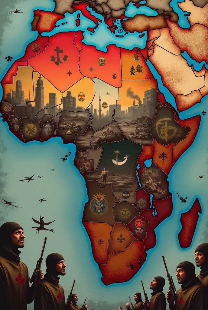 bottom:
A map of Africa divided into several sections. Some areas are shaded red to represent regions of conflict and instability..
Main elements:
Flags and Symbols:
At the top of the image, There are flags of different African countries, but some are ripped or torn, symbolizing the disintegration of the established political order.
UN flag and symbols of international organizations are partially faded or crumbling in the lower corner, indicating contempt or resistance towards these entities.
Extremist Groups:
In various parts of the map, Figures of guerrillas or militants are seen with symbols related to extremist groups, like the logo of Boko Haram or Al-Shabaab. These characters are showing gestures of rejection, such as raising hands in defiance or tearing up documents bearing the emblems of international institutions.
Scenes of Violence:
Images of clashes, Explosions or attacks are shown in a stylized way so as not to be too graphic. These scenes highlight the violence and chaos that extremist groups seek to impose.
Destruction and Ruins:
Ruined buildings and damaged structures in the background of the map, depicting the devastation these groups cause in their efforts to challenge the established order.
Faces of Civilians:
Portraits of worried or terrified civilians at the edge of the image, highlighting the impact of extremist groups' actions on the local population.
colors:
Dark and red tones predominate to convey a sense of danger and chaos., with touches of grey and black for the ruined areas. The symbols of international organizations are depicted in muted or diffuse tones..
Text:
At the bottom of the image, a motto like "Challenge to the International Order" in big, dramatic letters.