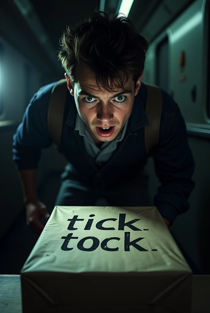 Image of Tom Young from the book “Murder on the Canadian Express” scared by a package that says “Tick Tock”