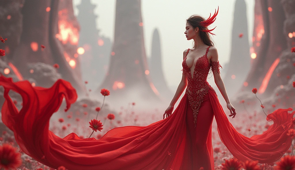 Singapore as an asiatic modern ellegant League of Legend curvy sexy female creature in carmine red and white. Intricated clothing. Cinematic Fantasy sci-fi landscape background