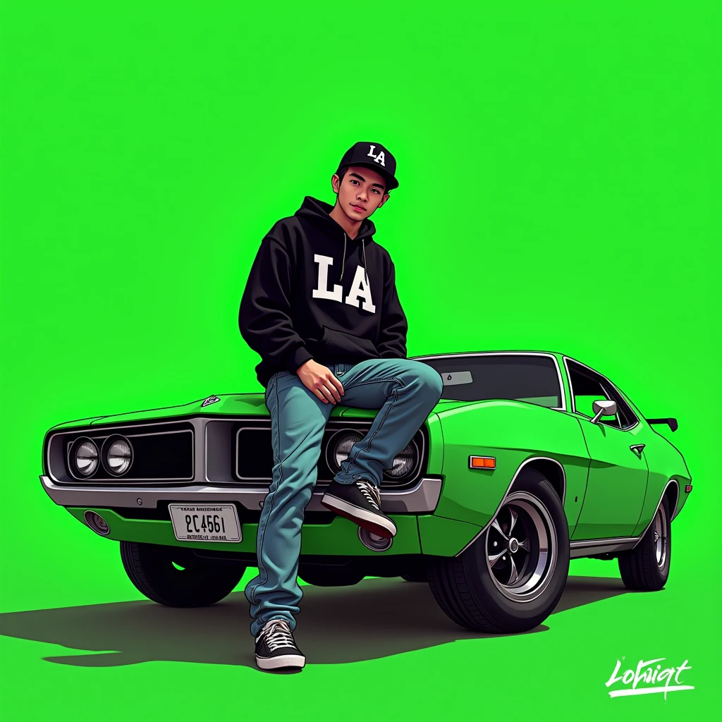 G-FUNK Hip Hop album cover, green background, green car, with the words If WONA behemes a gangster on the back of the picture, an Asian teenager wearing a black LA hoodie, a black LA ball cap with a deep press and a wide pair of jeans down, a troublemaker boy sits on the bonnet of a car and lets the car out to the side