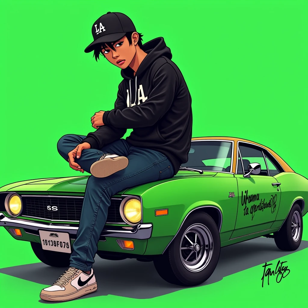 G-FUNK Hip Hop album cover, green background, green car, with the words If WONA behemes a gangster on the back of the picture, an Asian teenager wearing a black LA hoodie, a black LA ball cap with a deep press and a wide pair of jeans down, a troublemaker boy sits on the bonnet of a car and lets the car out to the side