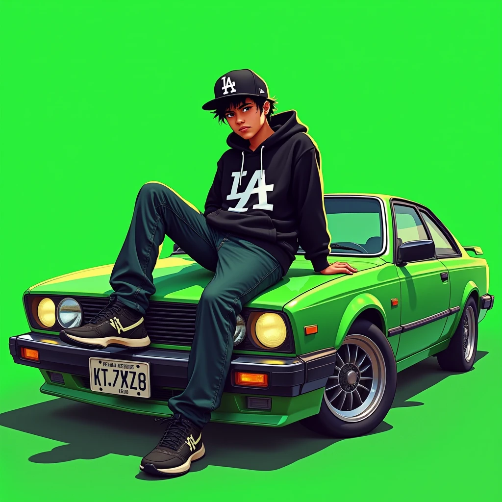 G-FUNK Hip Hop album cover, green background, green car, with the words If WONA behemes a gangster on the back of the picture, an Asian ager wearing a black LA hoodie, a black LA ball cap with a deep press and a wide pair of jeans down, a troublemaker boy sits on the bonnet of a car and lets the car out to the side