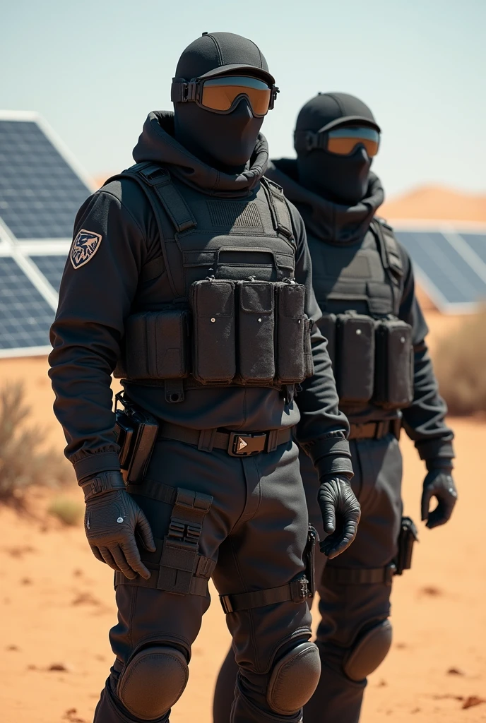 man 1.80 tall working in a desert as a security guard with black tactical clothing that comes out from behind with a rough texture so that his face is not visible, only his back, and in front of him there are solar panels, the same image but now with a partner a little taller than the first one