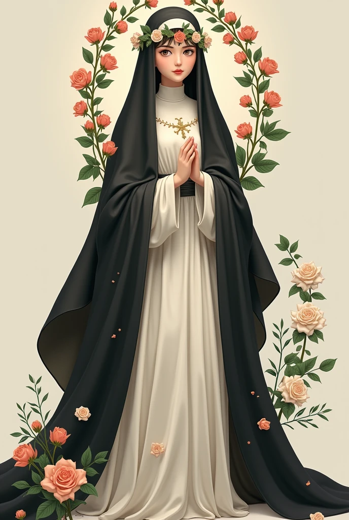 Santa Rosa de Lima Animated Add a black cloak, put more roses on her, put a white dress and a black cloak on her like a nun, put a headband of roses on her, make her more adult, MORE SERIOUS AND SHE LOOKS MORE LIKE A NUN, FRIEND, NOT SO SERIOUS, not so young, well, like a ager, and with more roses and she looks like a nun, not so old, well, more teen, more realistic, make her Chinese, more Peruvian, more Peruvian, add Bill next to her, make her Korean, make her studio mode, gibli