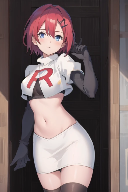 best quality, (masterpiece:1.2), illustration, absurdres, (1girl, solo, beautiful detailed girl),
Emily, short hair, red hair, hair ornament, hairclip, blue eyes, medium breasts,
garrison cap, team rocket,team rocket uniform,white skirt,red letter R,crop top,black thigh-highs,black elbow gloves,
field, sky, clouds, distant mountains,
looking at viewer, 