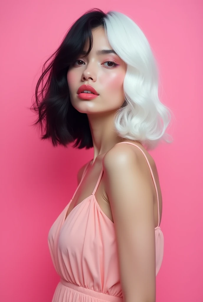a woman with half black and half white hair and with a pink dress and behind a pink background and front turn