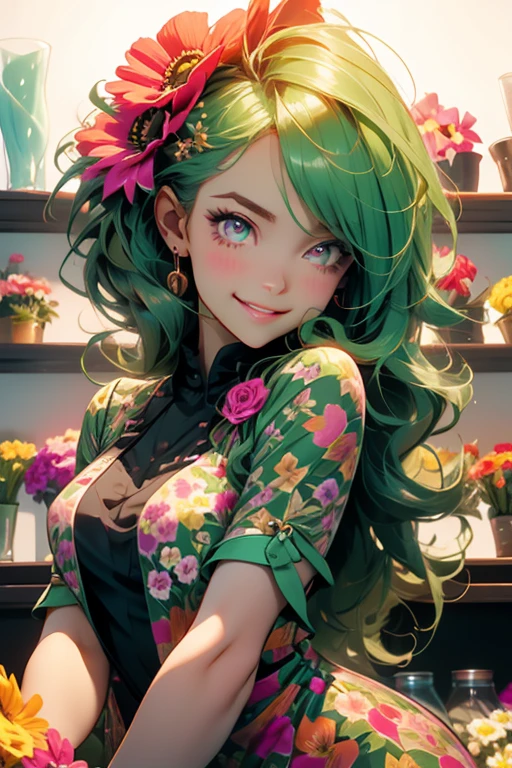 Perfect face. Perfect hands. A green haired woman with pink eyes with an hourglass figure in a floral dress is smiling while arranging flowers in a floral shop
