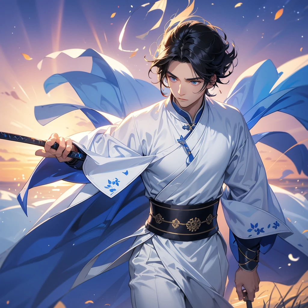 Handsome black-haired male holding a large sword in white ancient Chinese costume, strolling among by the nemophila fields glowing blue, sunset, close up.