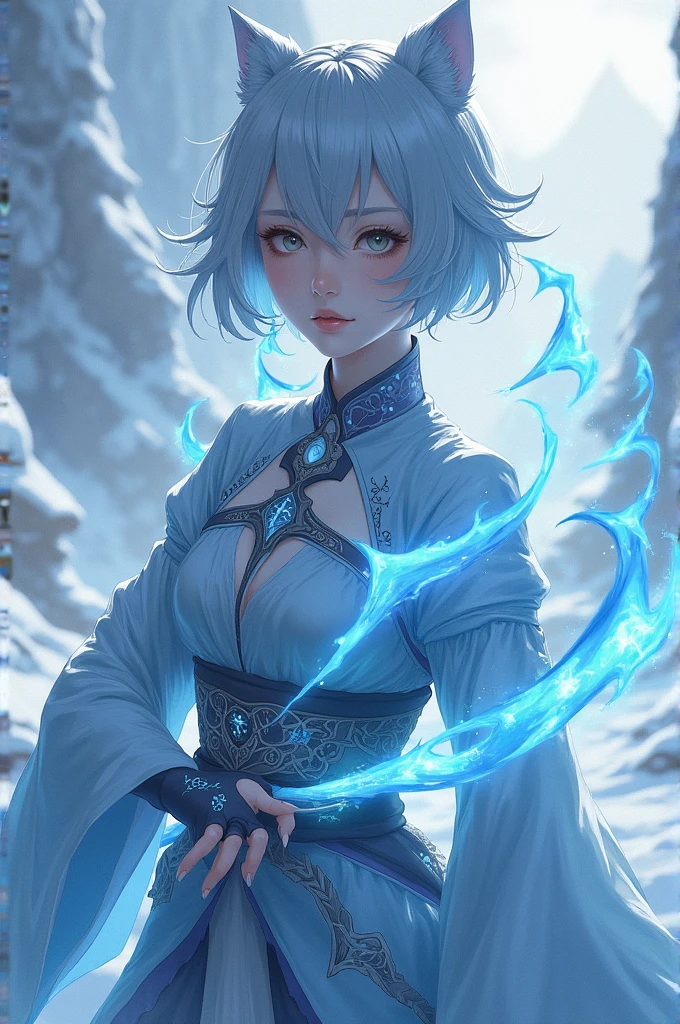 create a demon slayer character: she is a hashira used a ice breathing style, she has a short wolfcut hair and made her expression a calm and shes beautiful