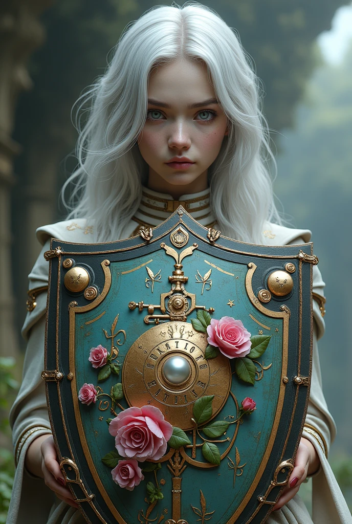 Surreal Very detailed Ultra Fantasy Ultimate Details Ultra-high resolution 8K 32k 3D Clear Eyes Silver髪 In his left hand he holds a magnificent medieval shield mechanical engineering Mechanic Art Girl Shield【Roses】A nameplate in Roman letters will be included. intricate and elaborate design, money, Silver Dynamic pose Robotics Cinema Lighting