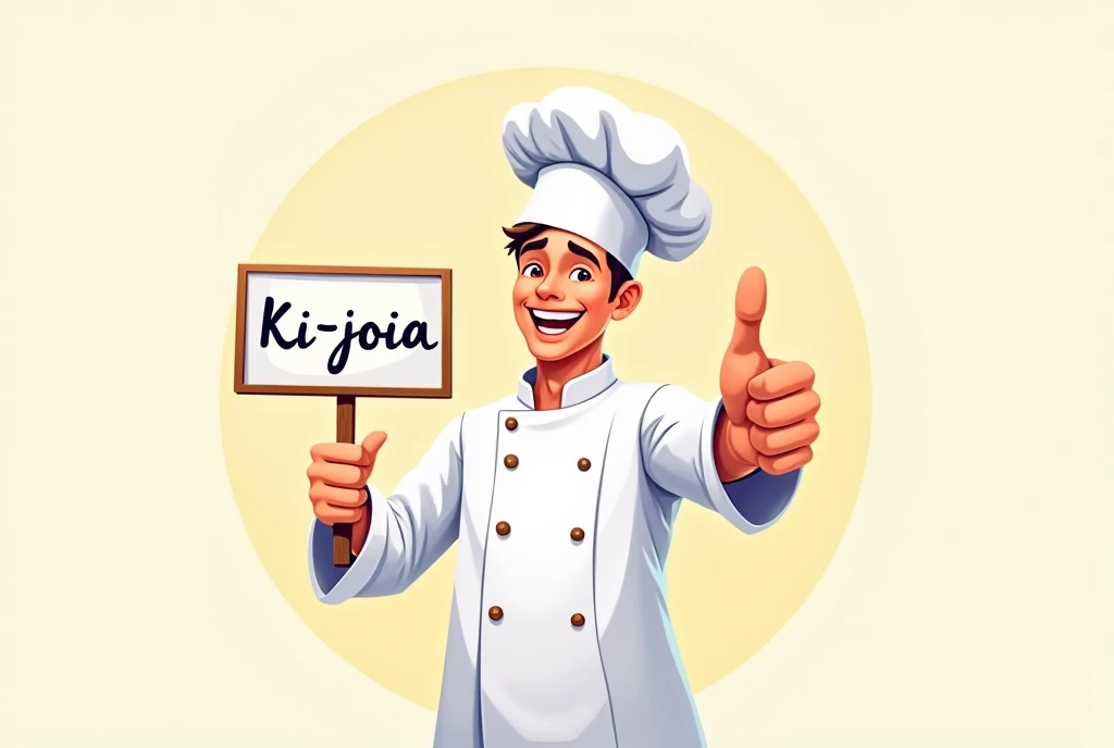 a smiling chef giving the thumbs up sign and holding a sign with the inscription "Ki-Joia" In the other hand 