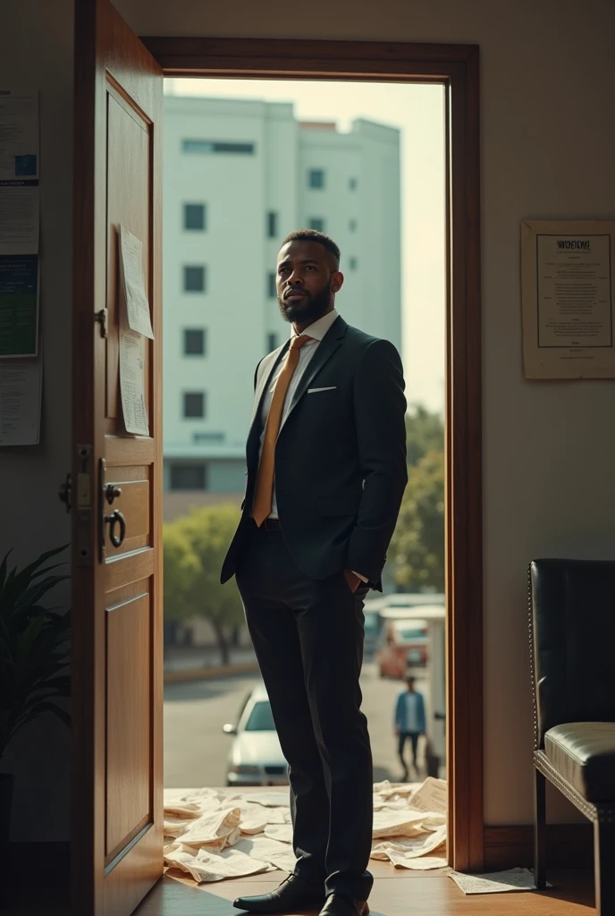 black man closing the doors of his old company and, Right away,
inaugurating the headquarters of João's NGO.
He is surrounded by closure documents and with a new objective, with a feeling of mission accomplished