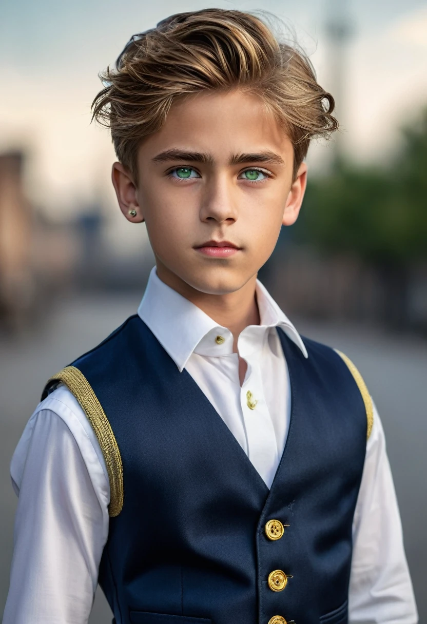A handsome boy with blurred medium hair, striking green eyes, and a strong jawline, wearing a dark blue vest with a white undershirt, dark blue dress pants with gold buttons, and dark blue shoes with gold laces, in a super realistic style