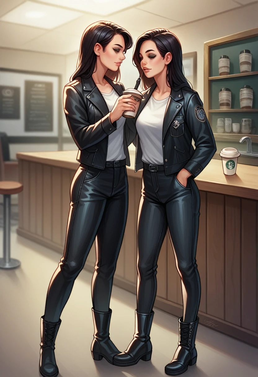 Realistic , young woman,  standing , cinematic lighting, American portrait, vertical, professional camera, black leather biker jacket, cable turtle neck, black leather pants, black biker boots, detailed image, black hair, soft makeup, coffee shop, high-definition image, ultra-high quality, Enhance skin texture for a natural and lifelike appearance, Add intricate details to the eyes, highlighting iris colors and reflections, Specify the desired level of skin retouching or airbrushing for a flawless yet natural look with motor cycle