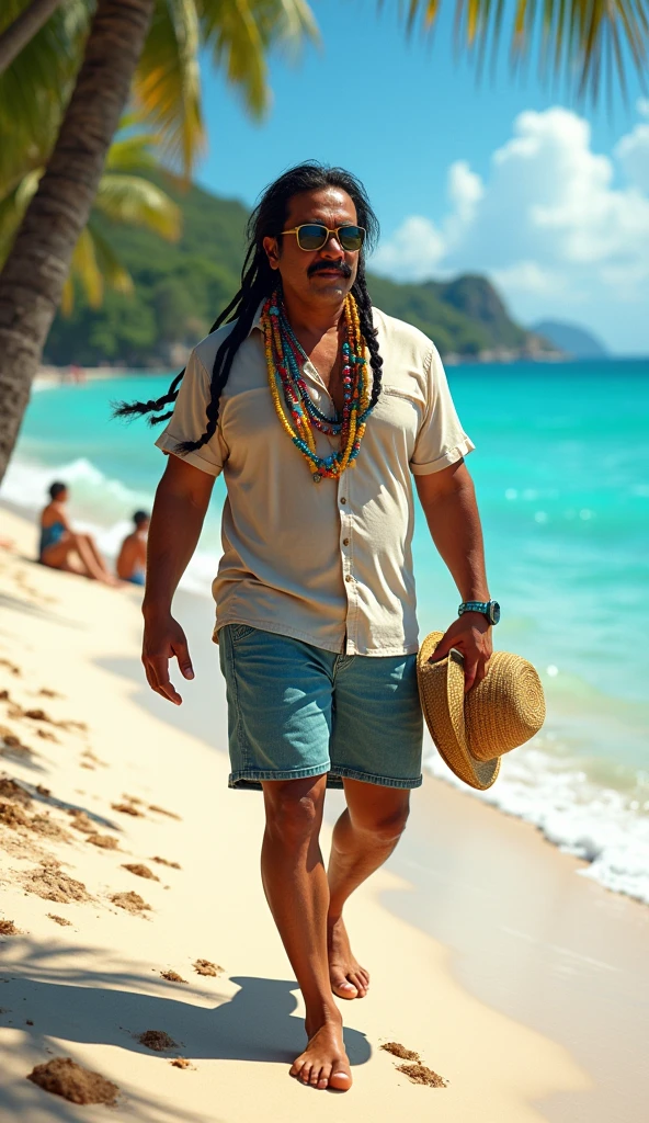 create the image of a street vendor on a beach in Venezuela. The vendor is a white American man, descendant of Spanish Canarians, with a builtfat type of body, he is a bit fat, he has slim arms, a product of sun and exercise. His face shape is rectangle type. His long, thick black hair is delicately braided and adorned with fine yellow highlights that contrast with his tanned skin. His hairline type is rectangular shaped. He has an asian van dyke sparse black mustache . His eyes are protected by modern sunglasses, which give him a relaxed and carefree air. His clothing is casual and summery: beach shorts that reveal his thick and slightly muscular legs and a loose t-shirt, ideal for the tropical climate. His appearance conveys positive energy and a relaxed lifestyle. The colorful braids and handmade accessories complement his bohemian look and connected with nature. He is around 30 years old, he is an extroverted person, with a free and adventurous spirit. His job as a seller of handmade jewelry suggests an artistic sensibility and a deep respect for nature, since his products are made with organic materials such as snails. The place where he sells is a paradisiacal beach, with fine white sand, the turquoise sea stretching to the horizon. The sun shines brightly, creating a warm and welcoming atmosphere. A gentle sea breeze caresses the skin and the sound of the waves breaking on the shore accompanies the scene. The seller walks at a leisurely pace along the shore of the beach, leaving footprints in the sand. His bare feet feel the soft texture of the sand as he looks out to sea. In one hand he carries a colorful tray with his handmade creations, necklaces and shell bracelets, which he proudly displays to potential buyers. His other hand gently swings a straw hat, which protects his face from the sun. Tourists strolling along the beach are attracted by his unique and original products, stopping to admire his creations and chat with the seller.