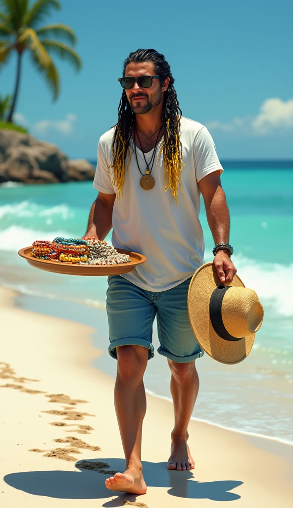 create the image of a street vendor on a beach in Venezuela. The vendor is a white American man, descendant of Spanish Canarians, with a builtfat type of body, he is a bit fat, he has slim arms, a product of sun and exercise. His face shape is rectangle type. His long, thick black hair is delicately braided and adorned with fine yellow highlights that contrast with his tanned skin. His hairline type is rectangular shaped. He has an asian van dyke sparse black mustache . His eyes are protected by modern sunglasses, which give him a relaxed and carefree air. His clothing is casual and summery: beach shorts that reveal his thick and slightly muscular legs and a loose t-shirt, ideal for the tropical climate. His appearance conveys positive energy and a relaxed lifestyle. The colorful braids and handmade accessories complement his bohemian look and connected with nature. He is around 30 years old, he is an extroverted person, with a free and adventurous spirit. His job as a seller of handmade jewelry suggests an artistic sensibility and a deep respect for nature, since his products are made with organic materials such as snails. The place where he sells is a paradisiacal beach, with fine white sand, the turquoise sea stretching to the horizon. The sun shines brightly, creating a warm and welcoming atmosphere. A gentle sea breeze caresses the skin and the sound of the waves breaking on the shore accompanies the scene. The seller walks at a leisurely pace along the shore of the beach, leaving footprints in the sand. His bare feet feel the soft texture of the sand as he looks out to sea. In one hand he carries a colorful tray with his handmade creations, necklaces and shell bracelets, which he proudly displays to potential buyers. His other hand gently swings a straw hat, which protects his face from the sun. Tourists strolling along the beach are attracted by his unique and original products, stopping to admire his creations and chat with the seller.