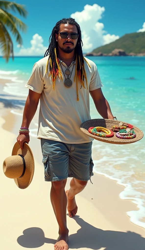 create the image of a street vendor on a beach in Venezuela. The vendor is a white American man, descendant of Spanish Canarians, with a builtfat type of body, he is a bit fat, he has slim arms, a product of sun and exercise. His face shape is rectangle type. His long, thick black hair is delicately braided and adorned with fine yellow highlights that contrast with his tanned skin. His hairline type is rectangular shaped. He has an asian van dyke sparse black mustache . His eyes are protected by modern sunglasses, which give him a relaxed and carefree air. His clothing is casual and summery: beach shorts that reveal his thick and slightly muscular legs and a loose t-shirt, ideal for the tropical climate. His appearance conveys positive energy and a relaxed lifestyle. The colorful braids and handmade accessories complement his bohemian look and connected with nature. He is around 30 years old, he is an extroverted person, with a free and adventurous spirit. His job as a seller of handmade jewelry suggests an artistic sensibility and a deep respect for nature, since his products are made with organic materials such as snails. The place where he sells is a paradisiacal beach, with fine white sand, the turquoise sea stretching to the horizon. The sun shines brightly, creating a warm and welcoming atmosphere. A gentle sea breeze caresses the skin and the sound of the waves breaking on the shore accompanies the scene. The seller walks at a leisurely pace along the shore of the beach, leaving footprints in the sand. His bare feet feel the soft texture of the sand as he looks out to sea. In one hand he carries a colorful tray with his handmade creations, necklaces and shell bracelets, which he proudly displays to potential buyers. His other hand gently swings a straw hat, which protects his face from the sun. Tourists strolling along the beach are attracted by his unique and original products, stopping to admire his creations and chat with the seller.