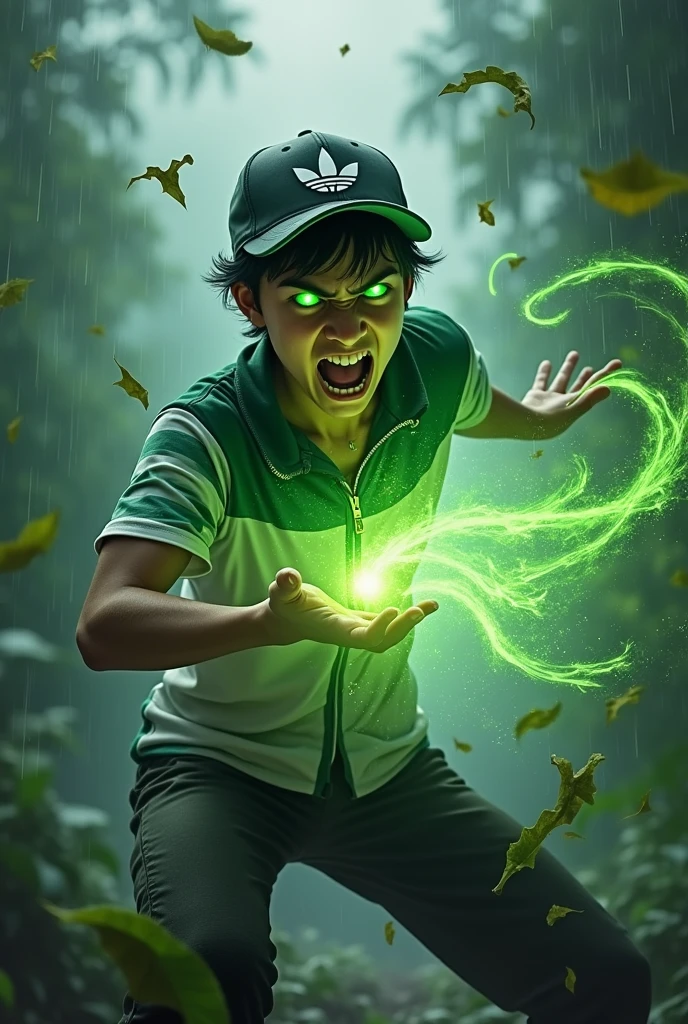 a man real teenage age . 19 Malaysia Indonesia(green eyes) Glowing green eyes . Anger face. Open mouth. . wearing an (Green white black )zippedshirt, (green black white) cap with small logo (leaf) logo. anger face . Dramatic.r(Green white blackpant,, detailed face, cinematic lighting, dramatic atmosphere,.hot day. vibrant colors, 8k, high quality, photorealistic. Hero suit. Came out torn leave from his hand. Glowing torn leave plant element from hand. Torn plant leave everywhere . Glowing hand magic light green , leave logo logo design . Hand holding magical green leave string. . Very strong. Future design dress. Very epic Rainy day background.. dark sky. Very strong. very strong . Moving leave string everywhere..green magical glow thorn trees spring spread everywhere from hand . At big three. Rain forest background . Floating torn string leave everywhere. String thorn trees spread everywhere