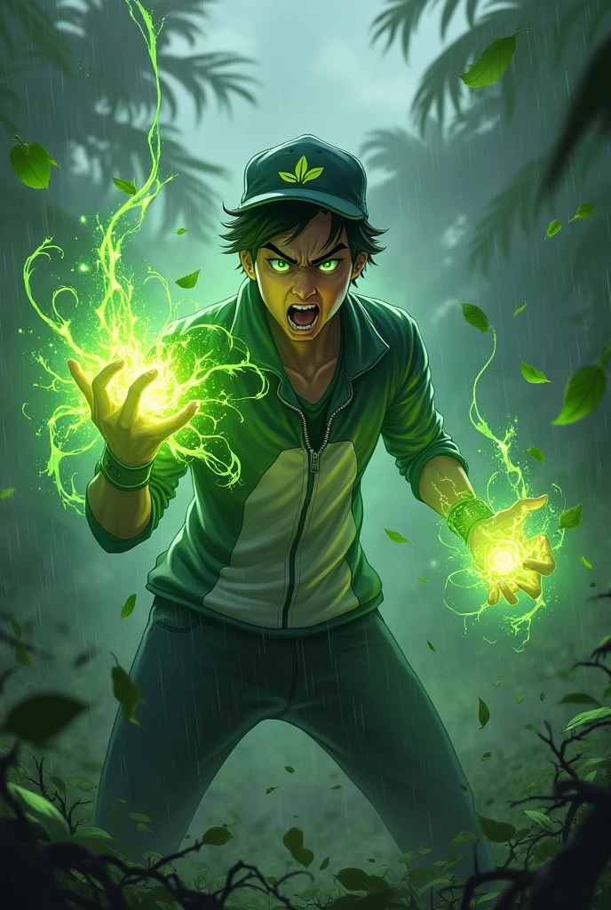 a man real teenage age . 19 Malaysia Indonesia(green eyes) Glowing green eyes . Anger face. Open mouth. . wearing an (Green white black )zippedshirt, (green black white) cap with small logo (leaf) logo. anger face . Dramatic.r(Green white blackpant,, detailed face, cinematic lighting, dramatic atmosphere,.hot day. vibrant colors, 8k, high quality, photorealistic. Hero suit. Came out torn leave from his hand. Glowing torn leave plant element from hand. Torn plant leave everywhere . Glowing hand magic light green , leave logo logo design . Hand holding magical green leave string. . Very strong. Future design dress. Very epic Rainy day background.. dark sky. Very strong. very strong . Moving leave string everywhere..green magical glow thorn trees spring spread everywhere from hand . At big three. Rain forest background . Floating torn string leave everywhere. String thorn trees spread everywhere