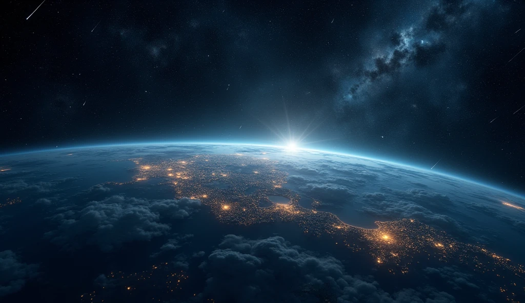 an epic vision of earth of space, whith small lights of houses from sideral space, the surface cover side by side off screen in midle, in space have meteors and storm, some riders, puth clouds over surface and some smoke os galaxies in space