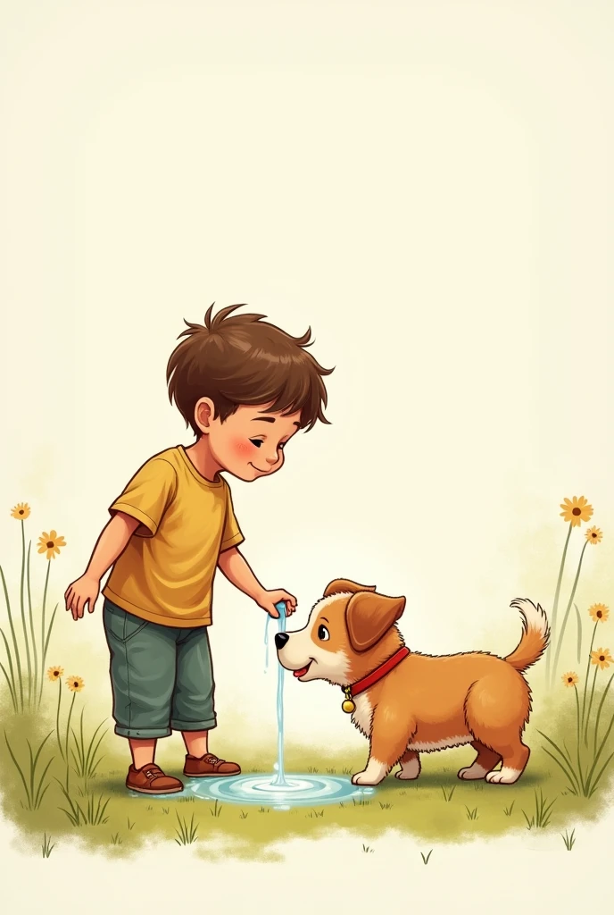 A boy and his puppy drinking water after playing easy drawing