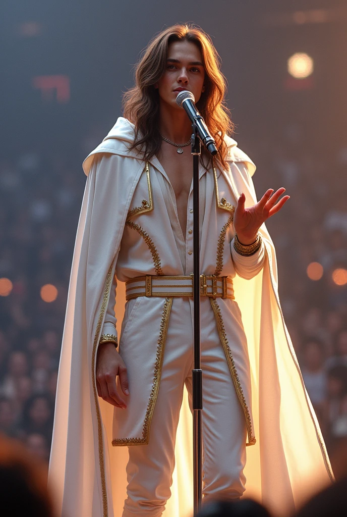artwork best quality beautiful realistic american male teenager long brown hair light skin with white cape and hooded coat on head with gold details white long sleeve shirt and white pants underneath intricate details singing holding a microphone seen from afar pointing to the audience at a concert with details uhq 8k