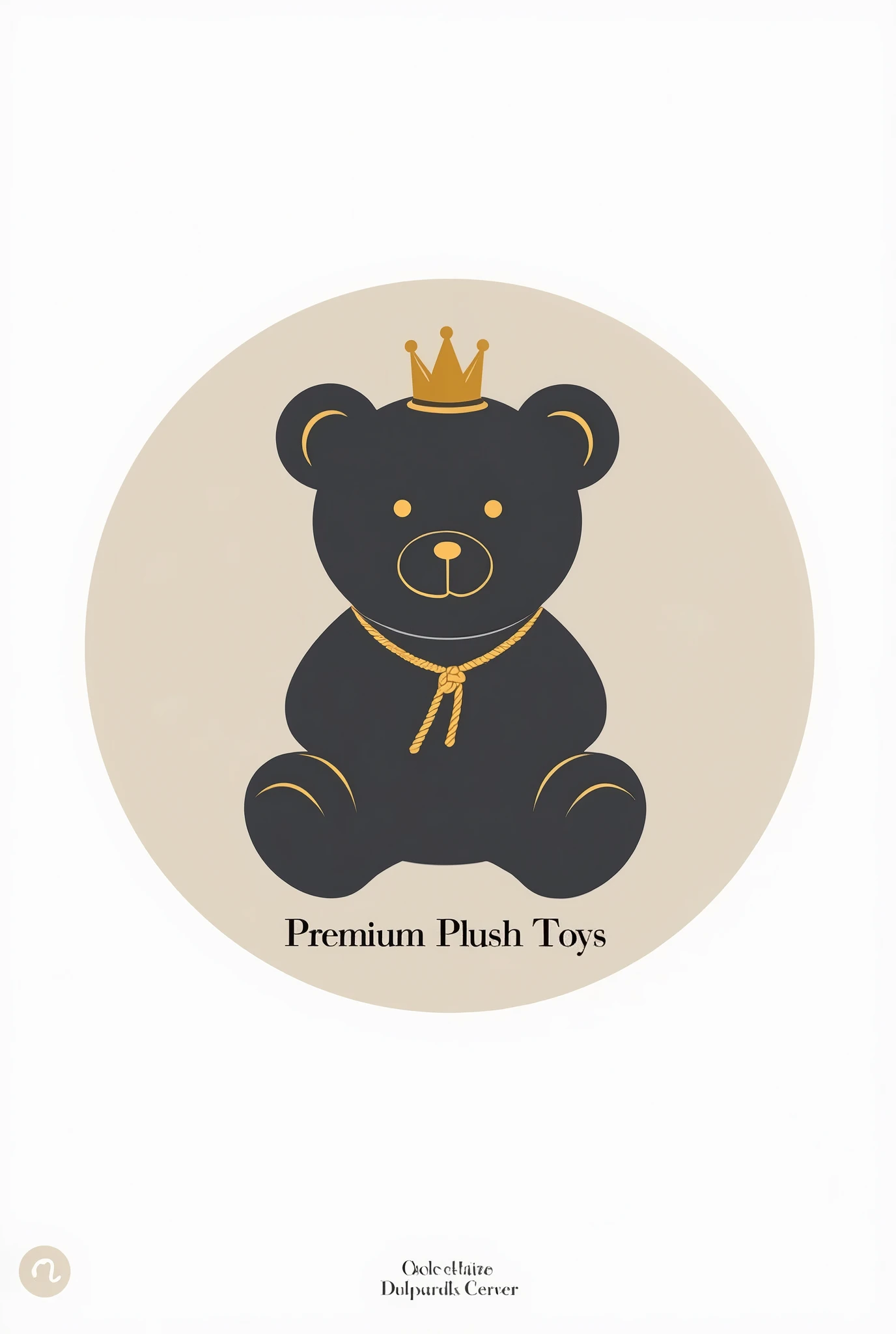 Circular logo for "Premium Plush Toys". The silhouette of the teddy bear, in shades of dark gray, occupies the center of the circle. details in gold, like a crown on your head or a noose around your neck, highlight the idea of exclusivity. The company name is written in a modern and elegant font, blank, below the silhouette. minimal style, with white background and soft lighting.