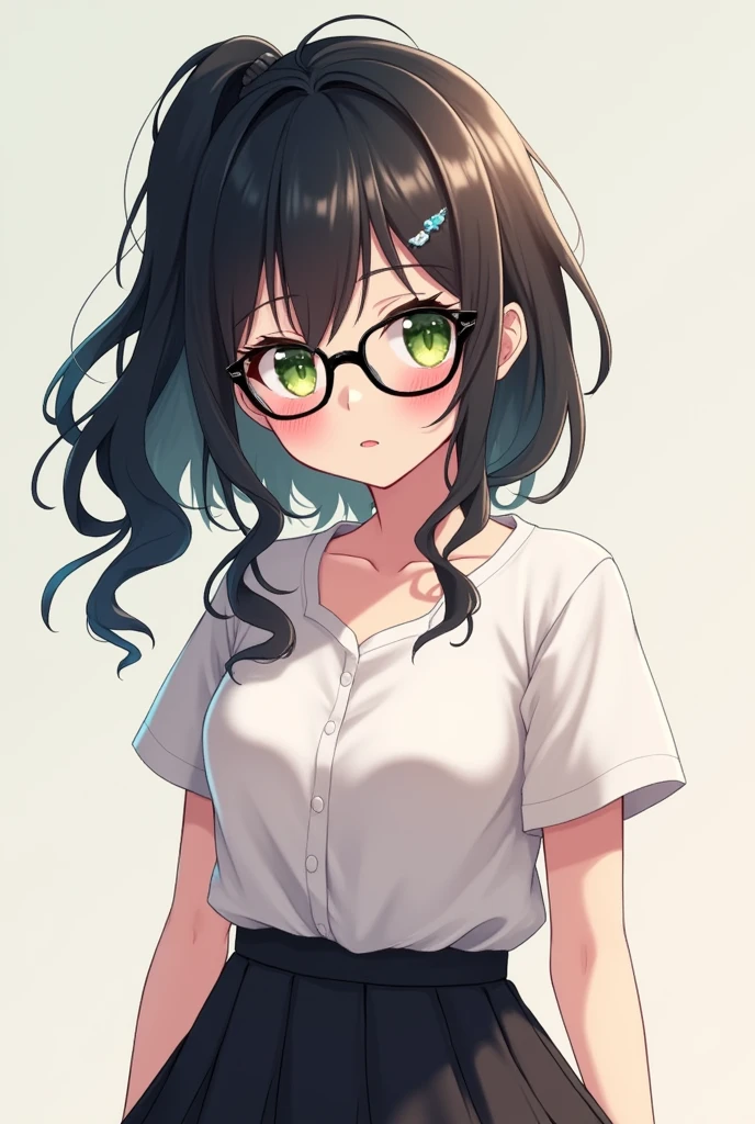 A girl with wavy black hair with a ponytail, Wavy locks and bangs, bambi eyes with aegyo salt, heart shaped lips, splattered nose,Pale skin with pink undertones, Green eyes with black glasses ,  and Uniform with a white short-sleeved shirt and a short black Avengers-style skirt