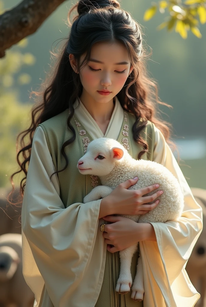 A young Asian shepherdess dressed simply, Long curly hair，Wearing Chinese national costumes，Holding a little lamb in his hands, Symbolizes her connection with nature.